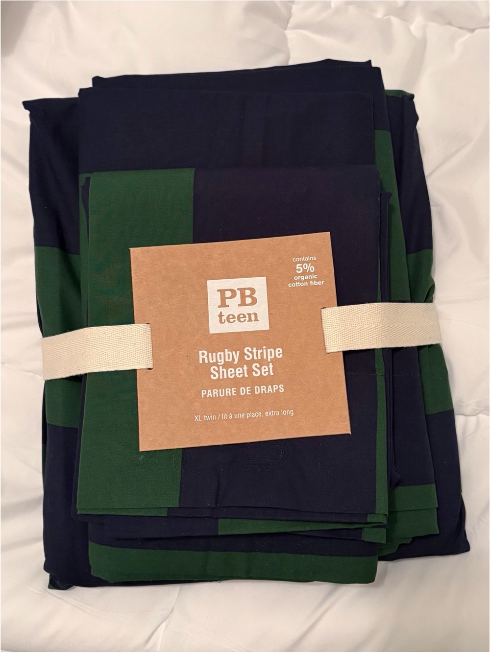 Pottery Barn Teen || Rugby Stripe 3 Piece Sheet Set Green Navy Blue Twin XL NWT
